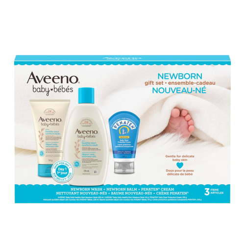 Aveeno Baby Healthy Start Newborn Gift Set, Newborn Wash, Newborn Balm, Penaten Cream, Fragrance Free, 3 Products