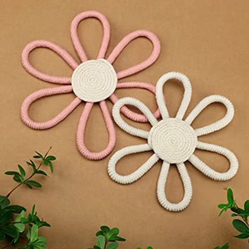 Boho Nursery Decor for Girl Daisy Flower Woven Macrame Hanging Bohemian Home Wall Flowers for Baby Girls Kids Dorm Nursery Decor(Pink, White,2 Pcs)