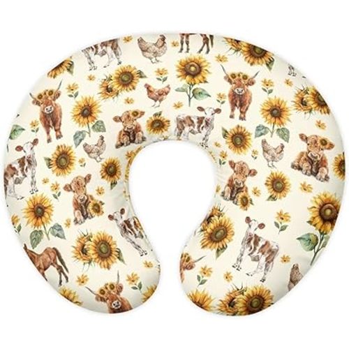 Highland Cow Sunflower Baby Nursing Pillow Cover, Removeable Breastfeeding Pillow Slipcover, Nursing Pillow Case for Newborn Boys Girls, Soft Fabric Fits Snug On Infant, Washable & Breathable