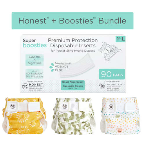 Honest® + Boosties - Hybrid Diaper Bundle - Set of 3 Covers & 90pk of Boosties Disposable Inserts, MEDIUM, 12-25 lbs