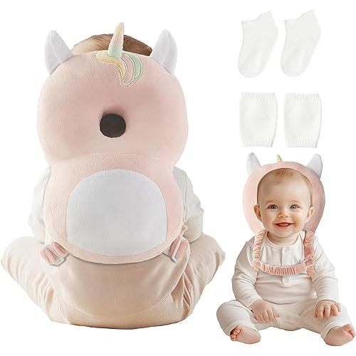 Baby Head Protector Backpack with Socks and Knee Pads - Adjustable Safety Pillow for Crawling Toddlers 5-12 Months, Soft Cushioned Support, Infant Travel Essentials Gift for Boys Girls (Unicorn)