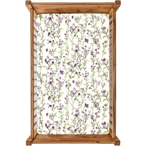 Flower Theme Fitted Mini Crib Sheets,24"x 38" Soft & Breathable Baby Bedding - Compatible with Cribs and Toddler Beds, Easy to Clean & Long-Lasting,Sage Decorative Pattern &Purple Green