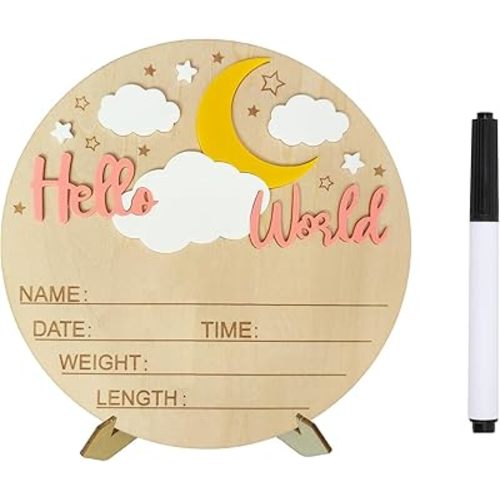 Baby Announcement Sign, ​5.9 Inch Wooden Hello World Newborn Signs, Birth Announcement Sign, Moon Cloud Stars Decoration, Welcome Newborn Arrival To World, Hospital Nursery for Baby (Pink)