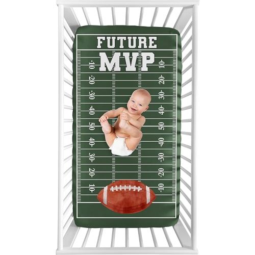 Sweet Jojo Designs Green Football Boy Baby Fitted Crib Sheet Photo Op for Infant Newborn Nursery Toddler Bed Room Standard Mattress - Future MVP Foot Ball Field Brown and White Vintage Sports Themed