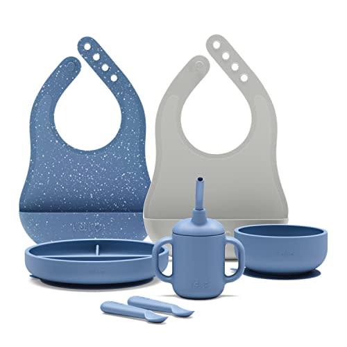 Lalo First Bites Silicone Baby Feeding Set - Baby Led Weaning Supplies - Non-Toxic Silicone - Includes 2 Bibs, 2 Spoons, Training Cup, Suction Plate and Bowl - 6 Pieces - Blueberry