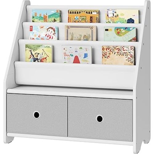 CHOEZON Kids Bookshelf and Toy Storage, 4 Tier Large Capacity Kids Book Rack, Sling Kids Bookcase, for Kids Room, Nursery, Playroom, White and Gray MCW06WT