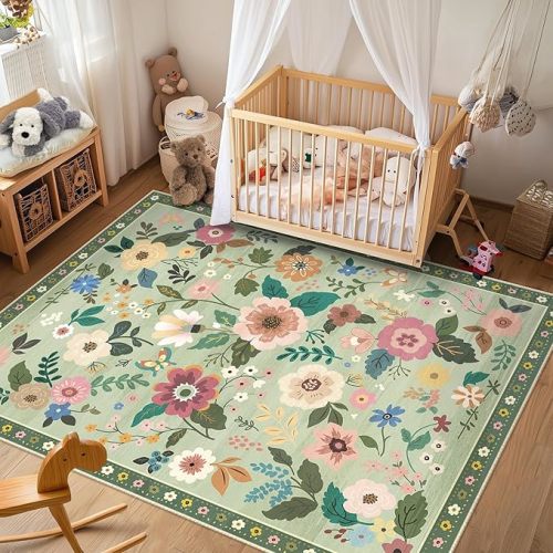 Floral 5x7 Area Rug Machine Washable Soft Print Boho Carpet Non Slip Doormat Low Pile Flower Area Rugs for Living Room Bedroom Nursery Kitchen Dining Room Indoor-Light Green