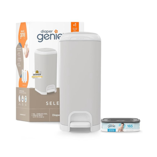 Diaper Genie Select Pail (Grey) is Made of Durable Stainless Steel and Includes 1 Starter Square Refill That can Hold up to 165 Newborn-Sized Diapers.