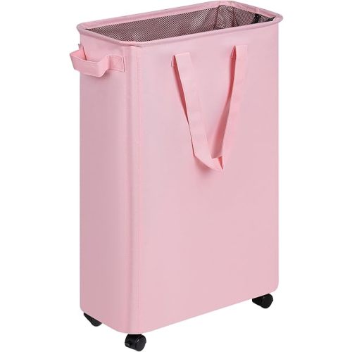 Slim Laundry Hamper with Wheels, Rolling Laundry Basket for Clothes, Small Laundry Basket for Bedroom, Dorm and Laundry Room, 48L (12.7 Gallons) Pink