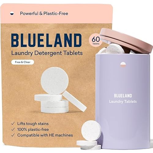 BLUELAND Laundry Detergent Tablets, Starter Set, 60 Count with Tin, Plastic-Free Eco-Friendly Pods, Sheets, Liquid Alternative - Fragrance Free and Clear, Natural, Gentle