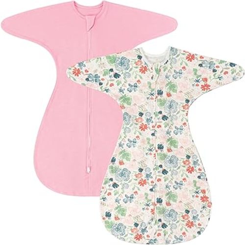ZIGJOY Shark-Fin Transition Swaddle - 1.0 Tog Baby Sleep Sack Soft Cotton Transitional Swaddle Baby Wearable Blanket with 2-Way Zipper for All Seasons, Pink&Flower, 3-6 Months