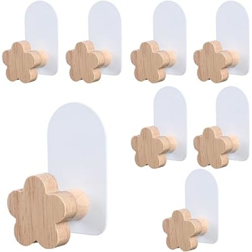 8 PCS Flower Shaped Hooks, Kids Room Decorative Hooks, Wood Coat Hooks, Adhesive Mounted Wall Hook for Hanging Coat Clothes Hat Bag Purse and Towel