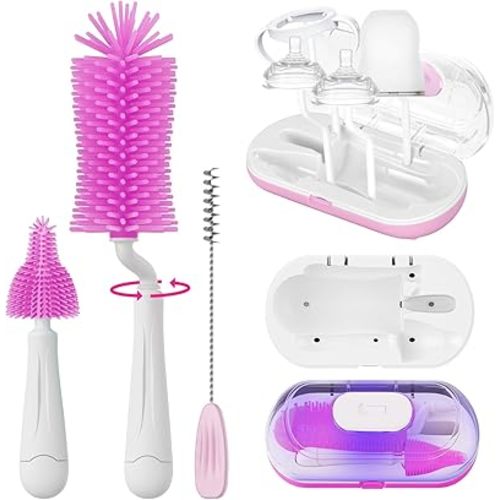 Bottle Brush Set with Drying Rack,Travel Bottle Cleaner Kit with Baby Bottle Brush,Straw Cleaner Brush,Nipple Brush-Baby Travel Essentials for Flying (Purple, Box-Shaped)