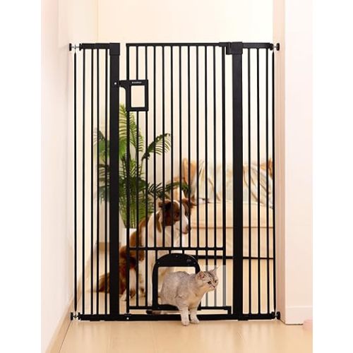 No Pawblems 55" Extra Tall Pet Gate with Adjustable Cat Door, 29-43" Auto Close Dog Gate, NO Drilling Pressure Mounted for Doorways/Hallways, 1.37" Narrow Bar Spacing, Black