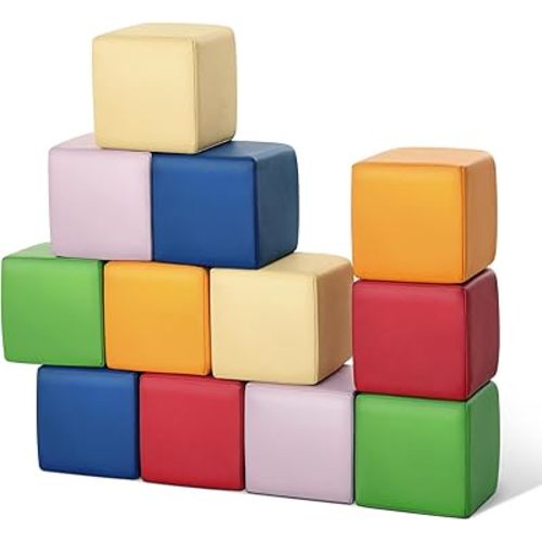 Foam Building Blocks for Toddlers：12-Pieces Wipeable Leather Stacking Cubes Kids - Large Soft Toys Play Set for Learning Construction Baby Preschool Daycare Therapy Birthday Gift (Rainbow)
