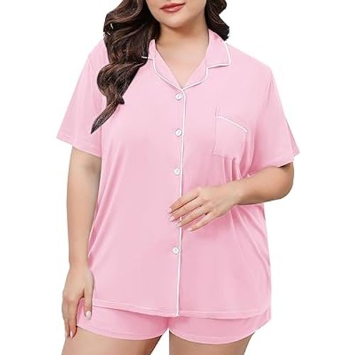 SWOMOG Women's Plus Size Pajamas Set Button Down Tops Short Sleeve Sleepwear Soft Pajama Shorts 2 Pcs Lounge Sets With Pocket