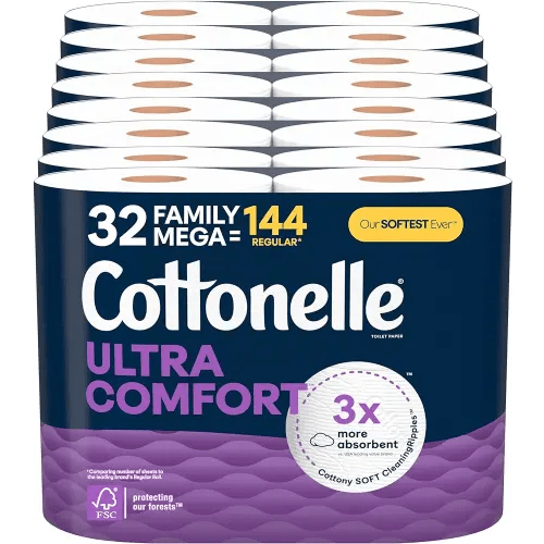 Cottonelle Ultra Comfort Toilet Paper with Cushiony CleaningRipples Texture, 32 Family Mega Rolls (32 Family Mega Rolls = 144 Regular Rolls) (8 Packs of 4), 296 Sheets per Roll, Packaging May Vary