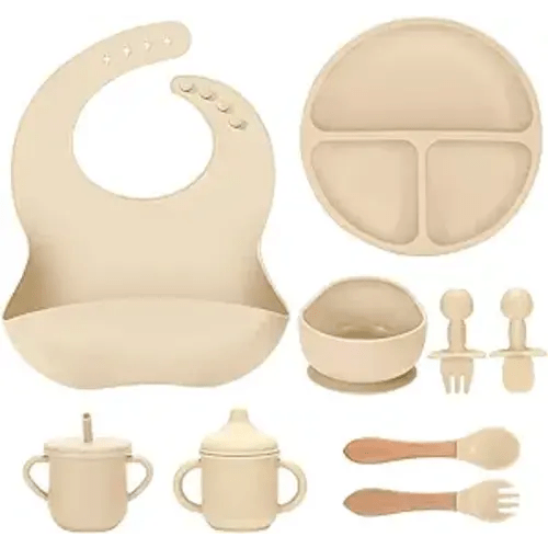 Silicone Baby Feeding Set 9 Pcs, Spill-Proof Suction Plate, Bowl, Bib, Silicone spoon&forks, Wooden Spoons&forks, Training cup with straw and Sippy Cup, Baby Eating Utensils (Beige)