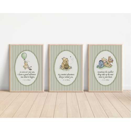 Set of 3 Classic Winnie-the-Pooh Nursery art prints, Gender Neutral Nursery, Winnie-the-Pooh inspirational quotes, new baby gift