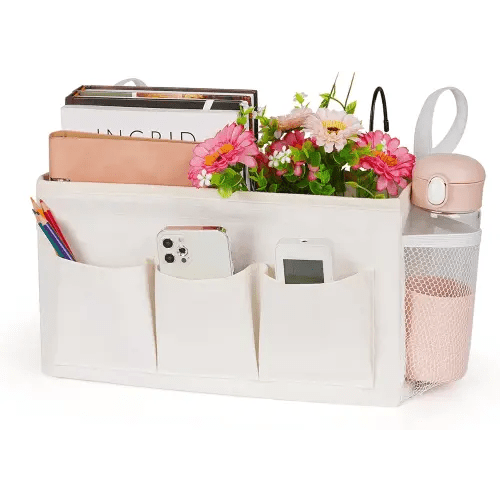 Bedside Caddy Bedside Organizer Bedside Storage Caddy with Fixed Straps and Water Bottle Holder for Home College Dorm Bunk Bed Hospital Bed Crib Bed Rails (White)