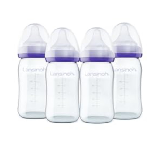 Lansinoh Anti-Colic Glass Baby Bottles, 5 Ounces, 4 Count Bottles for Feeding, Baby Essentials, Includes 4 Slow Flow Nipples, Size S
