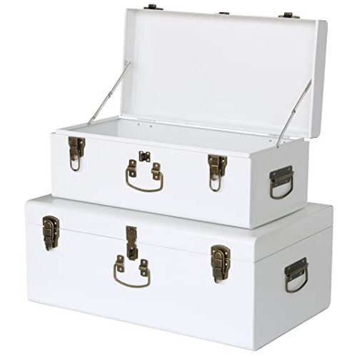 Vixdonos Decorative Metal Box Storage Trunks Set of 2 College Dorm Chest with Handle (White with Bronze Latches)