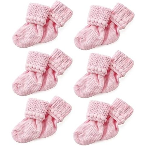 Nurses Choice 6 Pairs Stay-On Baby Socks, Soft Bubble Cuff Cotton Booties 0–3 Months, Hospital Trusted Essentials