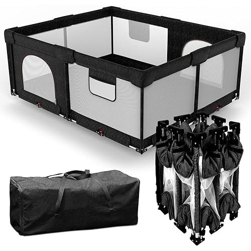 Dearlomum Foldable Baby Playpen,Collapsible Playpen for Babies and Toddlers, Extra Large Foldable Playpen for Baby with gate, Baby Activity Center with Fence, Travel Play Pen (Black 59"×71")