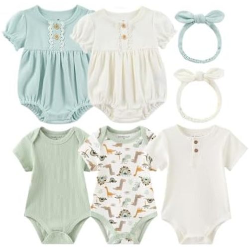 Baby Girls Boys Short Sleeve Outfit With Headband Set Clothes New Born Infant Cotton Bodysuits 7-Pack 0-12M