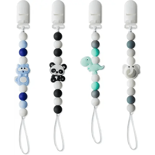 4Pcs Silicone Pacifier Clip for Babies Infant Animal Teething Panda Dinosaur Elephant Raccoon Soothie Toy Teethers Clips for Baby Shower Birthday Keepsake Christmas New Year Gift