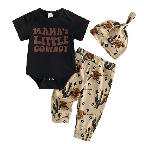 SAYOO Western Newborn Baby Boys Cowboy Outfits Cow Print Letter Bodysuit+Long Leggings+Cap 3pcs Infant Boy Country Clothes