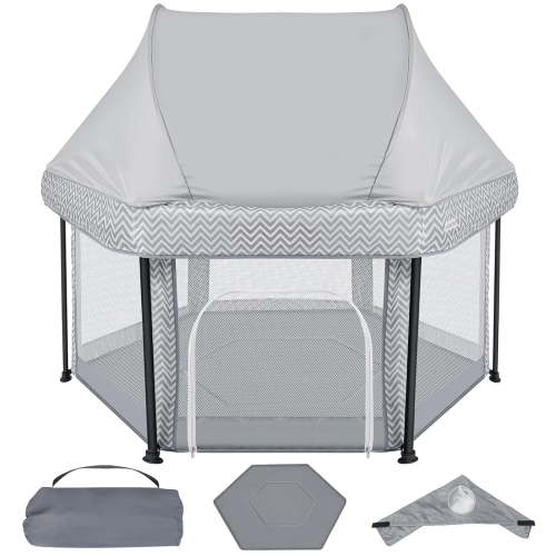Baby Playpen, Outdoor Play Yard Foldable Playpen with Canopy Mat for Babies Toddlers, Portable Indoor Kids Activity Fence Pack and Play