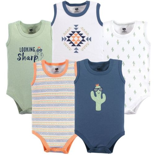 Hudson Baby Infant Boy Cotton Sleeveless Bodysuits 5pk, Cactus, 0-3 Months