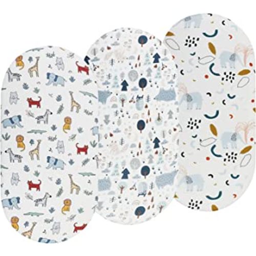 Onacosht Bassinet Sheets 3 Pack for Baby Boy and Girl, Soft Stretchy Universal Fitted Sheet Set for Oval Rectangle Hourglass Bassinet Mattress, Elephant Fox Lion Bear Giraffe Zebra Printing