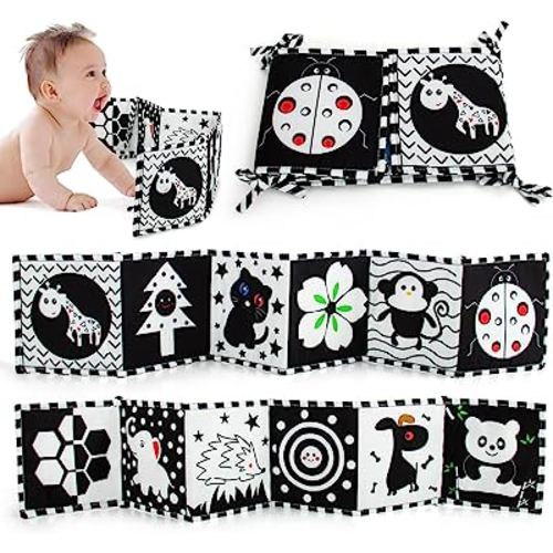 Cawgug Black and White High Contrast Soft Book for Babies 0-12 Months - Early Education Infant Tummy Time and Sensory Toys, Montessori Cloth Book Activities