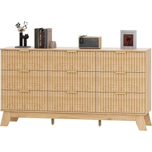 Fluted Dresser for Bedroom with 9 Drawers, 57" Mid Century Modern Dresser of Closet TV Stand, Nature Wood Dressers with Gold Handle, Boho Closet Wide Modern Chest of Drawers, Natural
