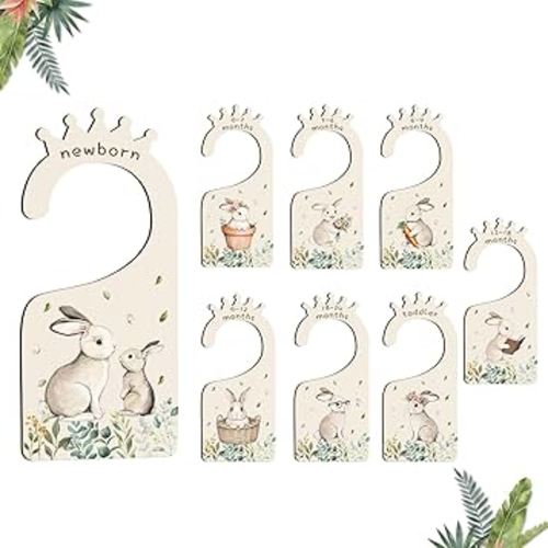 Baby Clothes Dividers for Closet - Set of 8 Wooden Baby Size Closet Dividers Newborn to 24 Months, Rabbits Babies Clothes Organizer for Boys Girl Nursery Decor Gender-Neutral Newborn Hangers Dividers
