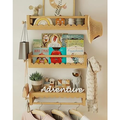 Kids' Wall Bookshelves – Set of 3 Scalloped Floating Shelves, 0.8" Thick Nursery Book Shelves with Wooden Hooks, Perfect for Boys & Girls – Decorative Wall Organizer for Toys, Photos & Decor, Brown