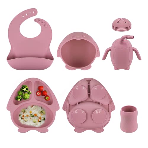 Baby Led Weaning Supplie, Silicone Baby Feeding Set with Suction Plate and Bowl, Toddler Self Feeding Essentials with Spoons Forks Bib Sippy Cup, Eating Utensils for 6+ Months (10 Pcs)