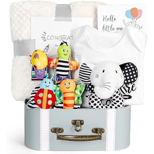 Baby Gift Set, Baby Shower Gifts, Black and White High Contrast Baby Toys 0-6 Months for Newborn Essentials Infant Rattle Socks Elephant Toys Blanket Onesies Baby Gift Basket for Girls Boys