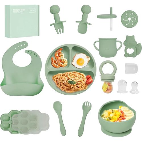 Silicone Baby Feeding Set, 15pcs Baby Led Weaning Feeding Supplies for Toddlers, Bowls and Plates with Suction, Silicone Bib,Toddler Spoons and Fork, Toddler Cups, Fruit Feeder & Freezer Tray. (GREEN)