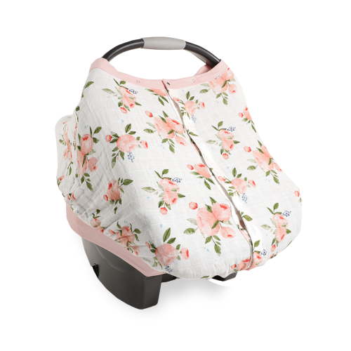 Little Unicorn Baby Car Seat Cover - Cotton Muslin, Lightweight & Breathable, Pink Watercolor Roses