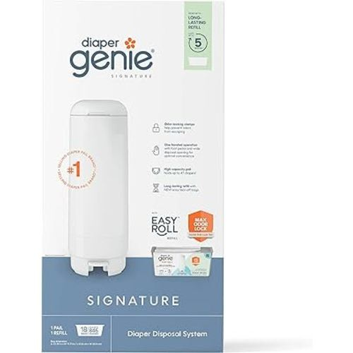 Diaper Genie Signature Pail Includes 1 Easy Roll Refill with 18 Bags | Holds Up to 846 Newborn-Sized Diapers Per Refill