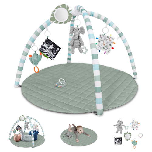Blissful Diary Baby Play Gym Mat, Tummy Time Mat with 6 Detachable Toys for Stage-Based Sensory & Motor Skill Development, Baby Activity Mat Easy to Install & Clean, Baby Essentials Gift, Sage Green
