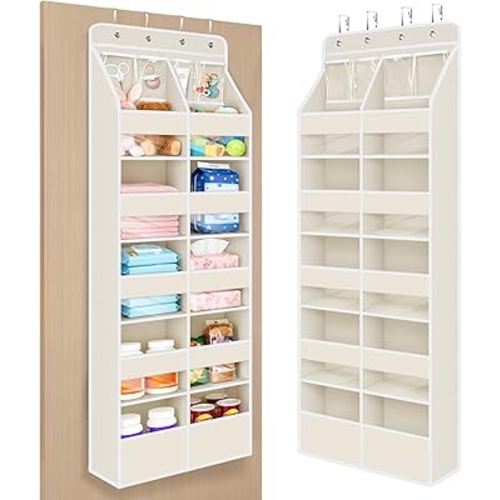 Univivi 6-Shelf Baby Door Storage Over Door Fabric Hanging Organizer with 10 Deep Pockets and 4 Small PVC Pockets Wall Mount Hanging Storage Organizers for Baby Essential (Beige)