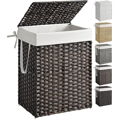 SONGMICS Laundry Hamper with Lid, 23.8 Gallon (90 L) Synthetic Rattan Clothes Laundry Basket with Lid and Handles, Foldable, Removable Liner, Chestnut Brown ULCB051K02