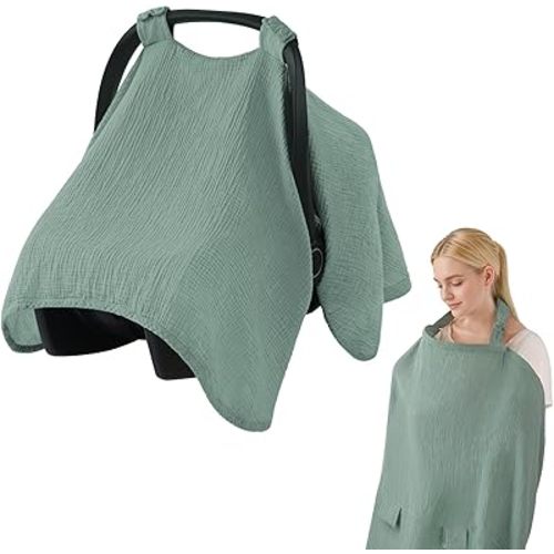 Blissful Diary 2-in-1 Muslin Baby Car Seat Cover, Multi-use Nursing Cover for Breastfeeding, Breathable Infant Car Seat Cover Canopy - Roman Green