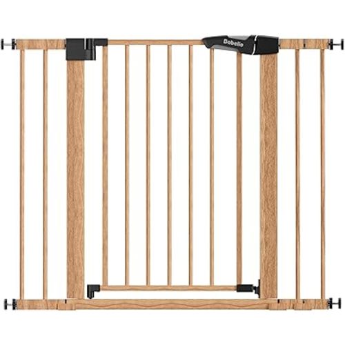 Mom's Choice Award Winner, Babelio 26-40" Metal Baby Gate with Wood Pattern, PressGuard C5 Easy Install Pressure Mounted Dog Gate for Stairs and Doorways, with Wall Protectors and Extension Kits