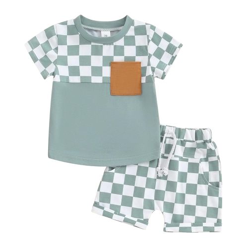 fhutpw Baby Toddler Boy Clothes Summer Outfits 6 12 18 24 Months Patchwork Short Sleeve T Shirt & Shorts Sets with Pockets