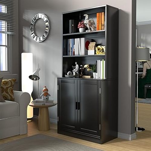 75" Tall Bookcase with Doors, 5 Tier Large Bookshelf with Cabinet, Standing Wood Display Book Shelf for Living Room, Office, Library with Doors, Black